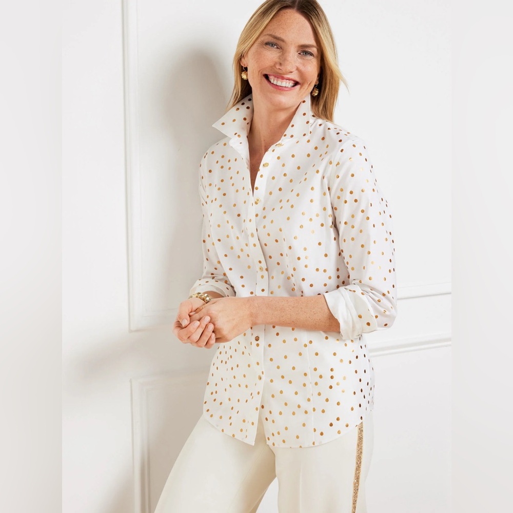 TALBOTS LONG SLEEVE WHITE BLOUSE NON-IRON PERFECT SHIRT - SCATTERED gold DOT